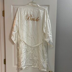 Ivory Satin "Bride" / Navy Satin Bridesmaids Robes with Gold Script